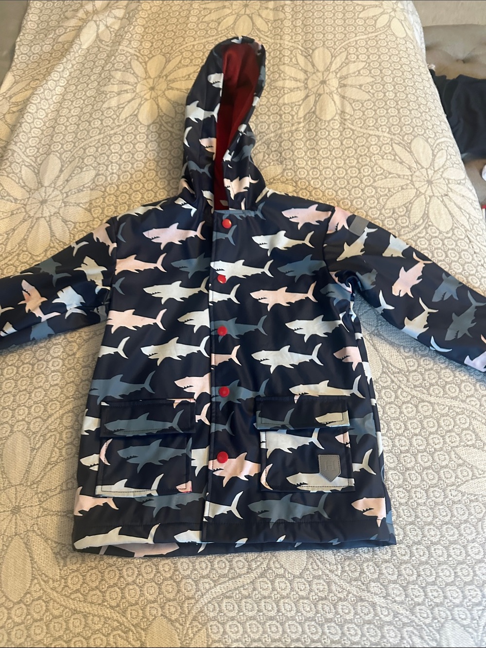 Hatley Kids Shark Print Hooded Raincoat - Navy, Pink, Gray